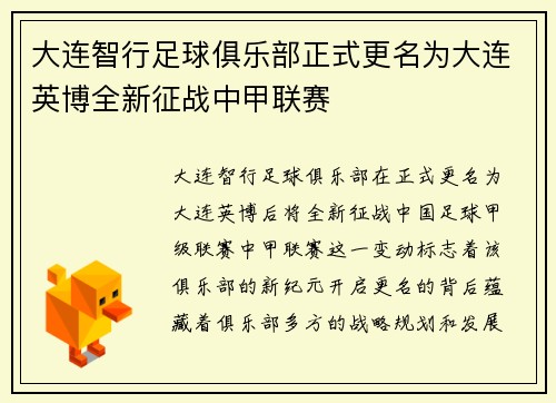 大连智行足球俱乐部正式更名为大连英博全新征战中甲联赛